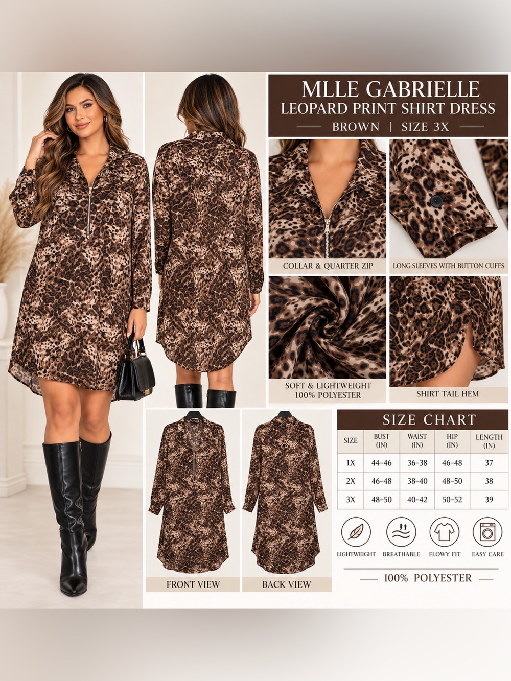 MLLE GABRIELLE LEOPARD PRINT SHIRT DRESS – BROWN SIZE 3X (NEW WITH TAGS) A35